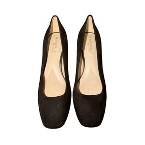 Naturalizer N5 Comfort Black Suede Square Toe Block Heel Pumps Gold Detail 6.5M